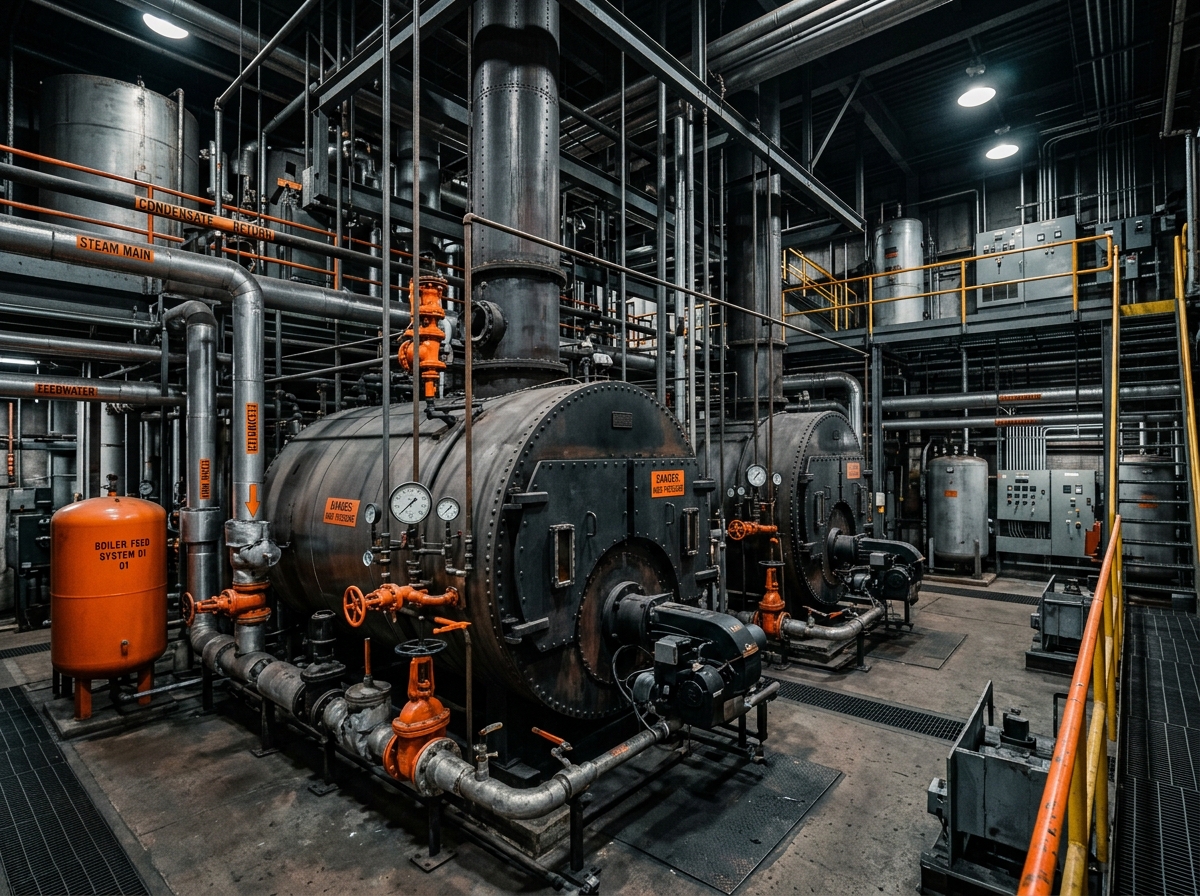 Sala de calderas industriales en fábrica de producción